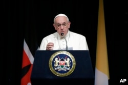 Pope Francis speaks at Nairobi's State House, Nov. 25, 2015.