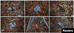 Combination picture shows clothes photographed near abandoned human trafficking camp in the jungle close the Thailand border at Bukit Wang Burma in northern Malaysia, May 26, 2015.