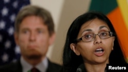 Nisha Biswal, U.S. Assistant Secretary of State for South and Central Asian Affairs, speaks next to Tom Malinowski, Assistant Secretary of State, after meeting Sri Lanka's Foreign Minister Mangala Samaraweera (not pictured) in Colombo, Sri Lanka, July 12, 2016.