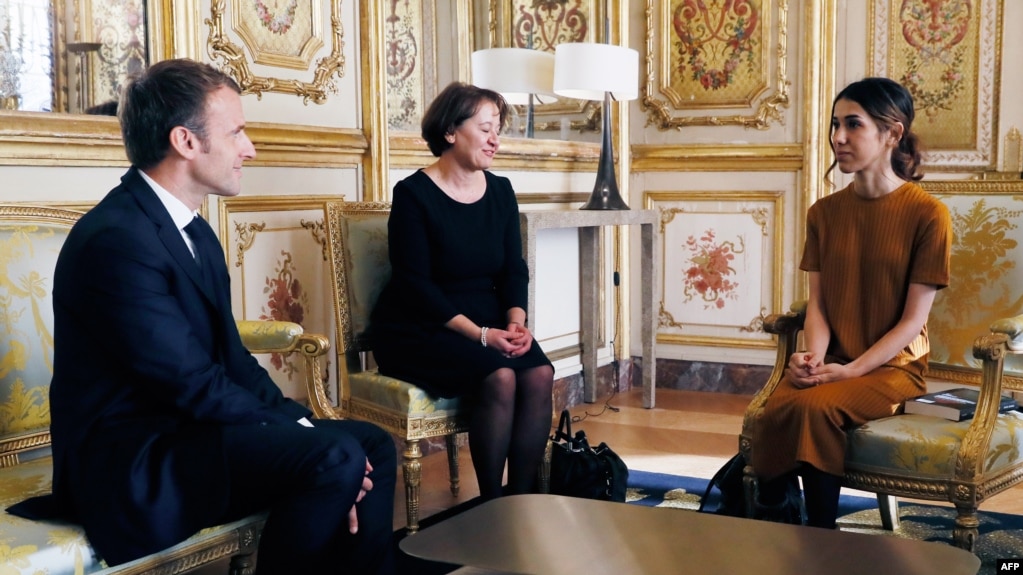 Yazidi spokeswoman Nadia Murad meets with French President Macron, who promises France will take in 100 Yazidi women who were victims of ISIS