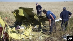 Experts examine the crash site of Malaysia Airlines Flight 17 in eastern Ukraine Friday, Aug. 1, 2014.