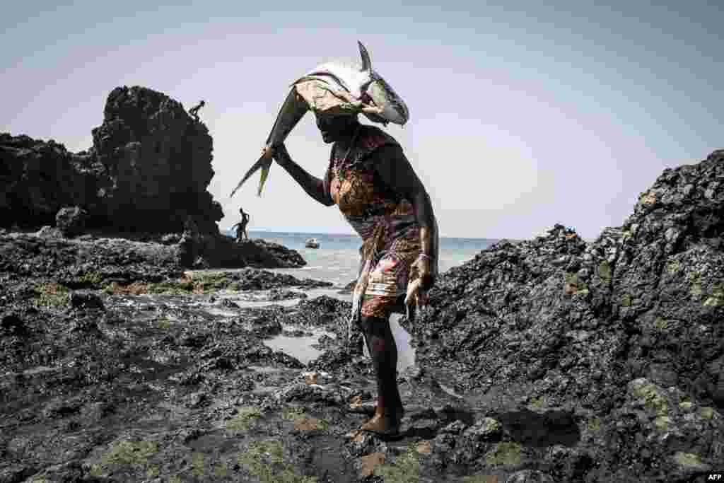 아프리카 서쪽 대서양에 위치한 카보베르데 포르토 모스퀴토의 어촌 마을에서 여성이 머리에 물고기를 이고 가고 있다.