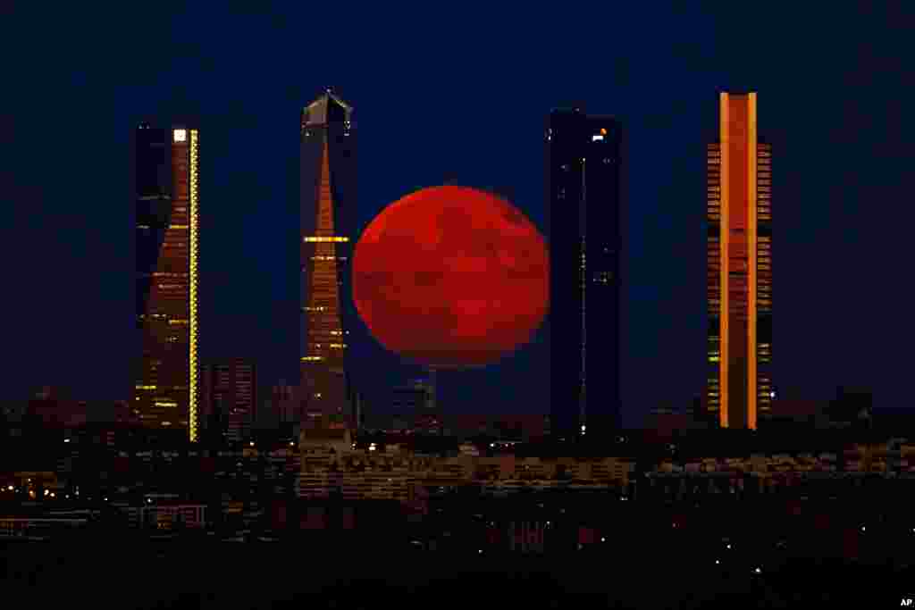 The moon rises in the sky as seen through the Four Towers or C.T.B.A. (Cuatro Torres Business Area), one of the main symbols of Madrid, Spain, Aug. 11, 2014.