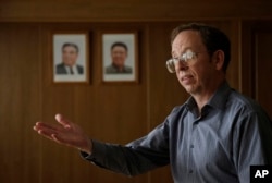 Jeffrey Fowle speaks to the Associated Press in Pyongyang, Sept. 1, 2014, while being detained in North Korea.