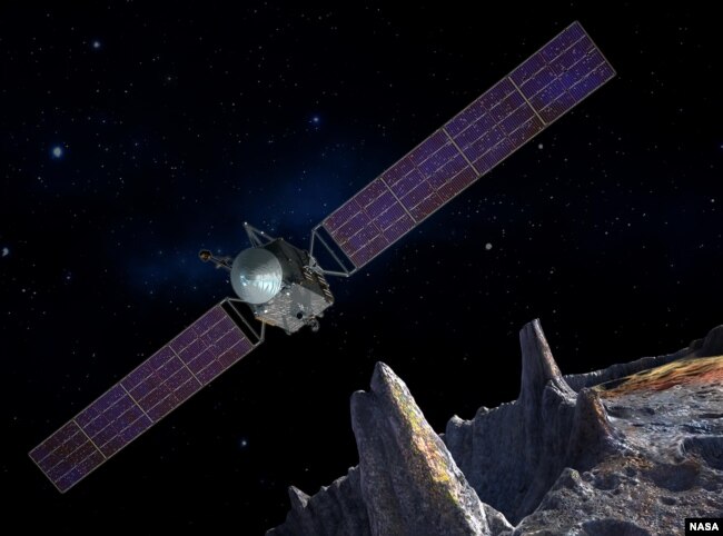 This artist illustration depicts NASA's Psyche spacecraft, which will conduct a direct exploration of an asteroid thought to be a stripped planetary core. (NASA/JPL-Caltech)