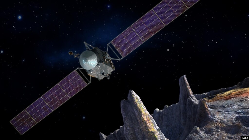 This artist illustration depicts NASA's Psyche spacecraft, which will conduct a direct exploration of an asteroid thought to be a stripped planetary core. (NASA/JPL-Caltech)