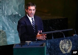 FILE - Stavros Lambrinidis, then Greece's foreign minister, speaks at the U.N. General Assembly at U.N. headquarters, Sept. 23, 2011.