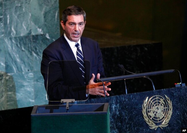 FILE - Stavros Lambrinidis, then Greece's foreign minister, speaks at the U.N. General Assembly at U.N. headquarters, Sept. 23, 2011.