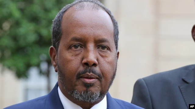 FILE - Somalia President Hassan Sheikh Mohamud addresses the media following his meeting with French President Francois Hollande at the Elysee Palace in Paris.
