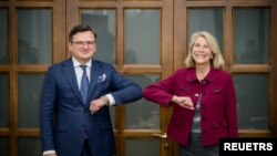 U.S. Assistant Secretary for the Bureau of European and Eurasian Affairs Karen Donfried meets Ukraine's Foreign Minister Dmytro Kuleba in Kyiv, Ukraine, Dec. 13, 2021.