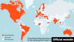 Global korrupsiya barometri deya atalgan hisobotda 107 davlat fuqarolari fikri o'rganilgan. To'q sariq rangdagilar - partiyalar eng poraxo'r deya tamg'alangan davlatlar.