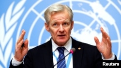 United Nations Syria envoy's Special Adviser Jan Egeland attends a briefing after the meeting of the humanitarian task force on Syria in Geneva, Switzerland Feb. 1, 2018. 