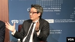 战略与国际研究中心高级顾问车维德2019年3月20日在有关中国崛起的研讨会上发言（美国之音莉雅拍摄）