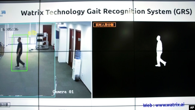 In this Oct. 31, 2018, photo, a screen displays images of a Watrix employee walking during a demonstration of their firm's gait recognition software at their company's offices in Beijing, China. (AP Photo/Mark Schiefelbein)