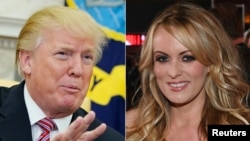 FILE - This combination of file pictures shows U.S. President Donald Trump at the White House, Feb. 14, 2018, and adult film actress Stormy Daniels in Las Vegas, Feb. 4, 2018. 
