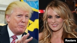 (FILES): This combination of file pictures created on February 14, 2018 shows US President Donald Trump and adult film actor and director Stormy Daniels.