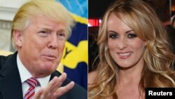 FILE - This combination of file photos shows U.S. President Donald Trump speaking at the White House, Feb. 14, 2018; and adult film actress Stormy Daniels in Las Vegas, Nevada, Feb. 4, 2018. 