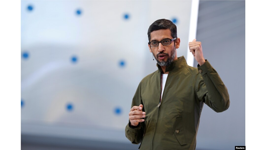 FILE - Google CEO Sundar Pichai speaks on stage during the annual Google I/O developers conference in Mountain View, California, May 8, 2018.
