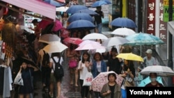 장마전선의 북상으로 전국에 많은 비가 내린 1일 서울 명동에서 시민들이 우산을 쓰고 길을 걷고 있다.