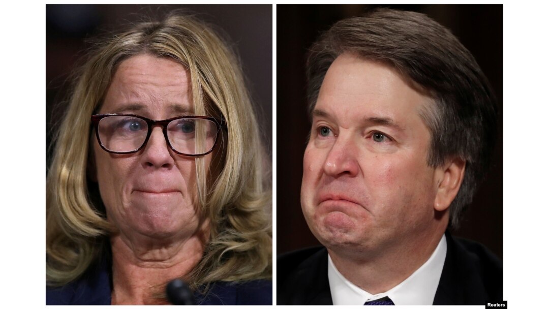 FILE - Professor Christine Blasey Ford and U.S. Supreme Court nominee Brett Kavanaugh (R), testify in this combination photo during a Senate Judiciary Committee confirmation, Sept. 27, 2018.