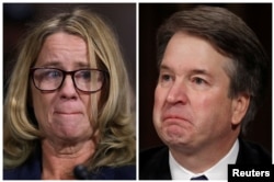 FILE - Professor Christine Blasey Ford and U.S. Supreme Court nominee Brett Kavanaugh (R), testify in this combination photo during a Senate Judiciary Committee confirmation, Sept. 27, 2018.