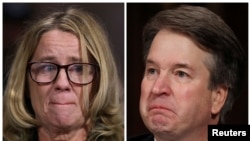 Professor Christine Blasey Ford and U.S. Supreme Court nominee Brett Kavanaugh (R), testify in this combination photo during a Senate Judiciary Committee confirmation, Sept. 27, 2018.