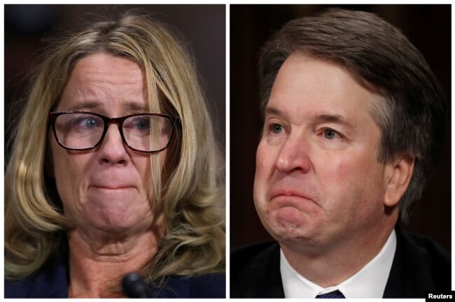 FILE - Professor Christine Blasey Ford and U.S. Supreme Court nominee Brett Kavanaugh (R), testify in this combination photo during a Senate Judiciary Committee confirmation, Sept. 27, 2018.