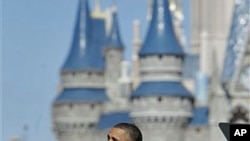 President Barack Obama speaks about tourism and travel, along Main Street USA at the Walt Disney World Resort in Lake Buena Vista, Florida, January 19, 2012.