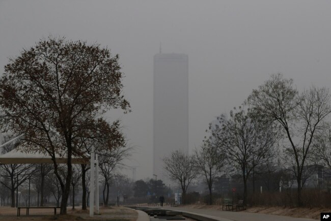 FILE - A man wears a face mask as he walks near the Han river at a park in a smog-covered Seoul, South Korea, Jan. 14, 2019. Unusually high levels of smog worsened by weather patterns are raising alarm across Asia.