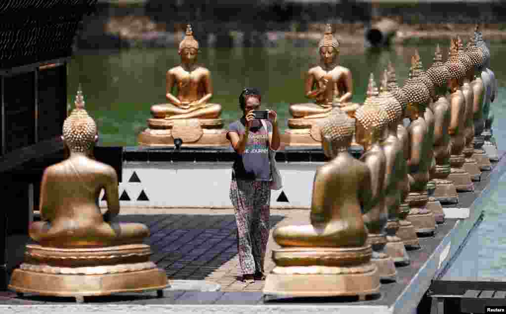 Seorang turis mengambil foto patung-patung Buddha di sebuah kuil di Kolombo, Sri Lanka, 4 Mei 2016. &nbsp;