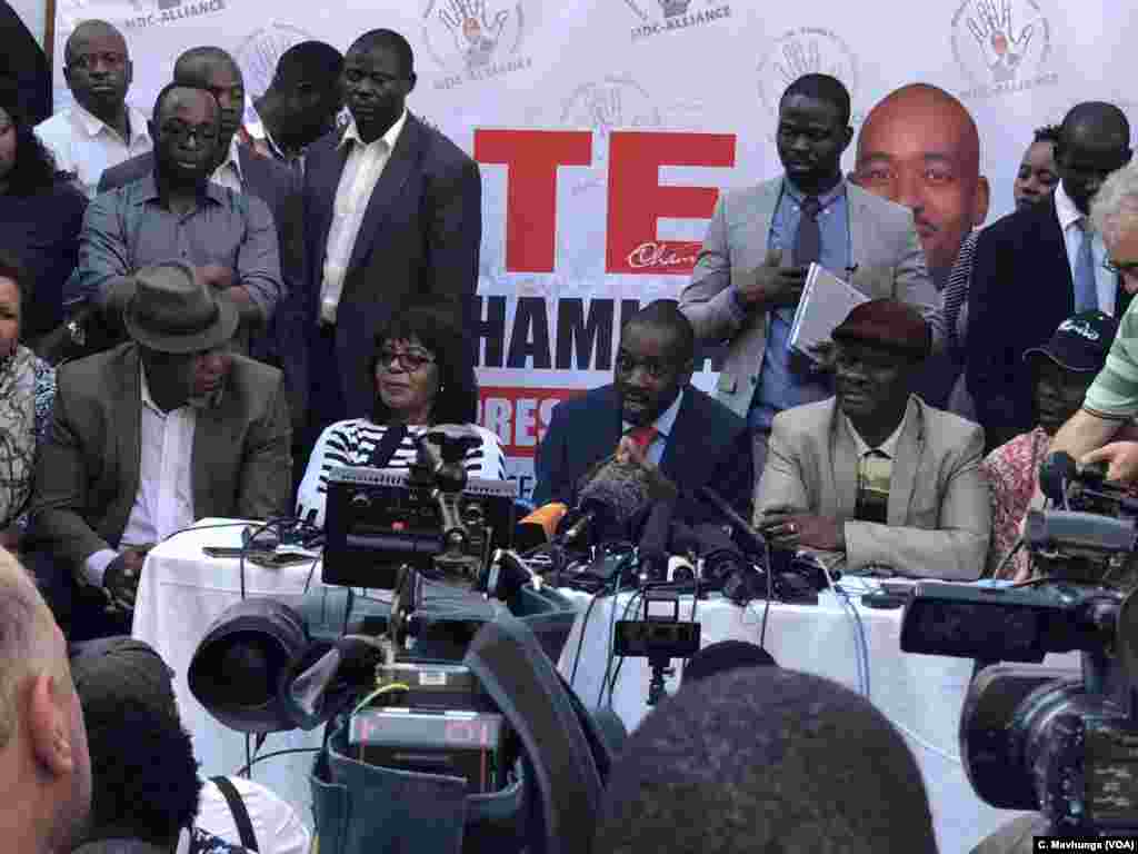 Nelson Chamisa, the leader of the Movement for Democratic Change Alliance, speaks to reporters in Harare, Aug. 4, 2018.