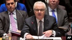 Duta Besar Rusia untuk PBB Vitaly Churkin berbicara pada pertemuan DK PBB di New York (foto: dok). Rusia siap menggunakan hak veto atas resolusi DK PBB soal pengadilan internasional bagi jatuhnya MH17.