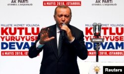 FILE - Turkish President Tayyip Erdogan speaks at his ruling AK Party's Istanbul congress, May 6, 2018.