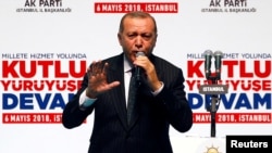 Turkish President Recep Tayyip Erdogan speaks at his ruling AK Party's Istanbul congress, May 6, 2018. 