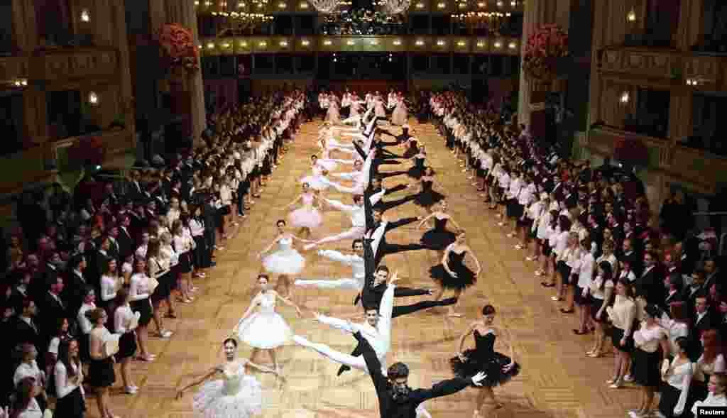 Dancers of the state opera ballet perform during a dress rehearsal for the Opera Ball in Vienna, Austria.