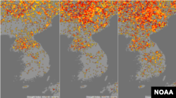 미국 국립해양대기청(NOAA)이 위성사진을 토대로 분석한 한반도 가뭄 지수(Drought index) 분포도의 최근 변화. 4월 마지막주(왼쪽)에서 5월 첫주(가운데), 5월 둘째주로 시간이 지나면서 가뭄이 확산되는 것을 알 수 있다. 가뭄의 정도에 따라 '중간'과 '높음', '심각' 수준을 각각 노란색, 빨간색, 검붉은색으로 표시했다.