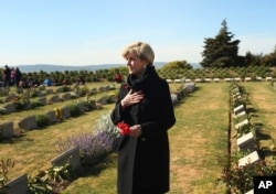 Australia's Minister for Foreign Affairs Julie Bishop, talks to fellow Australians at the Lone Pine Cemetery, in Gallipoli peninsula, Turkey, April 25, 2017.