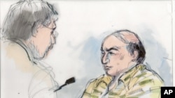 Courtroom sketch shows Mark Basseley Youssef (r) talking with his attorney Steven Seiden in court. Youssef, was behind an anti-Muslim film that sparked violence in the Middle East, Sept. 27, 2012.