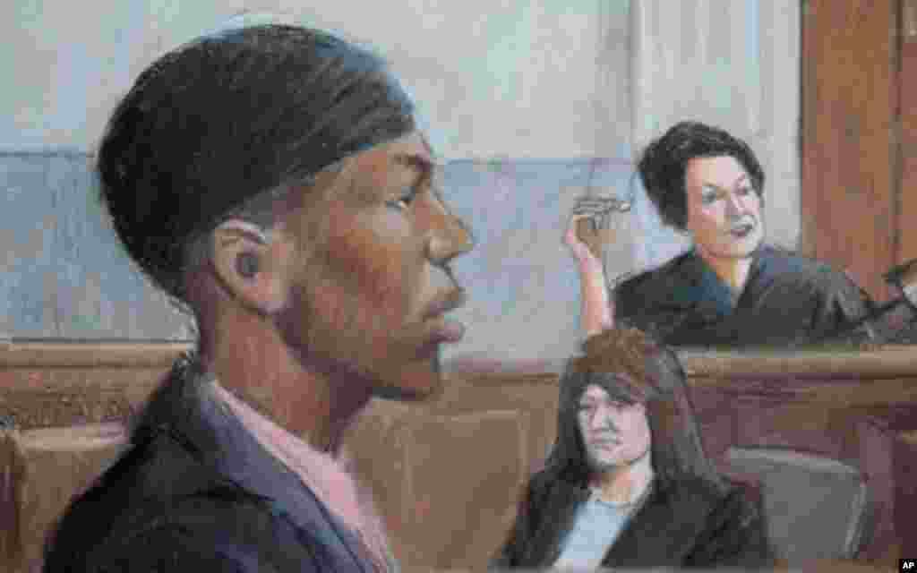 In this courtroom drawing, Umar Farouk Abdulmutallab appears in U.S. District Judge Nancy Edmunds' courtroom in Detroit, Tuesday, Oct. 4, 2011. Jury selection in the trial of the Nigerian man accused of trying to bring down a jetliner with a bomb in his u