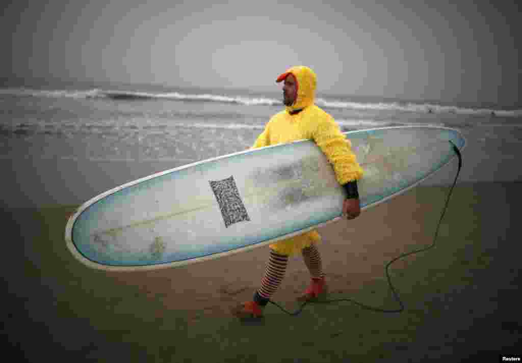 Marius Petrulis, 35, competes dressed as a chicken in the ZJ Boarding House Halloween Surf Contest in Santa Monica, California, Oct. 26, 2013. 