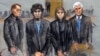 In this courtroom sketch, Dzhokhar Tsarnaev (2nd from left) is depicted standing with his defense attorneys William Fick (L) Judy Clarke (2nd from R), and David Bruck (R) as the jury presents its verdict in his federal death penalty trial, April 8, 2015, 