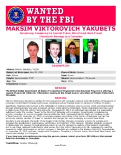 This poster provided by the U.S. Department of Justice shows Maxsim Yukabets. Yakubets, 33, is best known as co-leader of a cybergang that calls itself Evil Corp