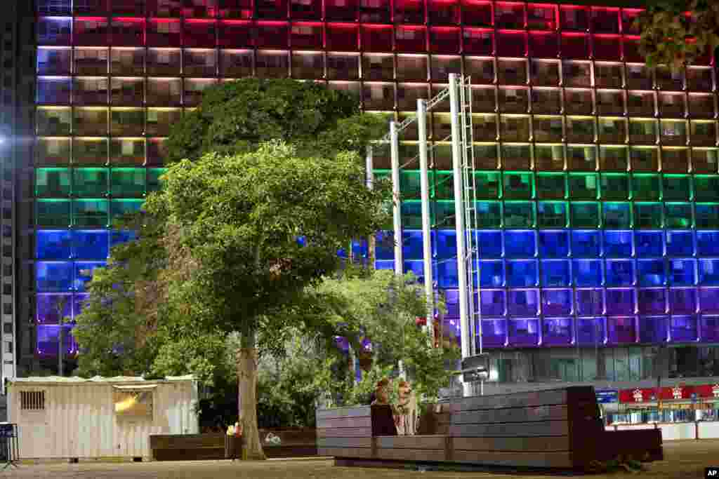 Tel-Aviv city hall lit up with rainbow flag colors in solidarity with victims of Pulse Orlando shooting, Israel, June 12, 2016.