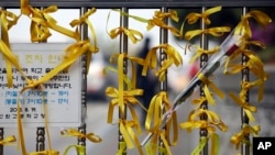 Những dải băng màu vàng và hoa được gắn trước cổng chính của trường trung học Danwon ở Ansan, ngày 24/4/2014 như dấu hiệu của niềm hy vọng cho sự trở về an toàn của các học sinh mất tích trong vụ chìm phà.