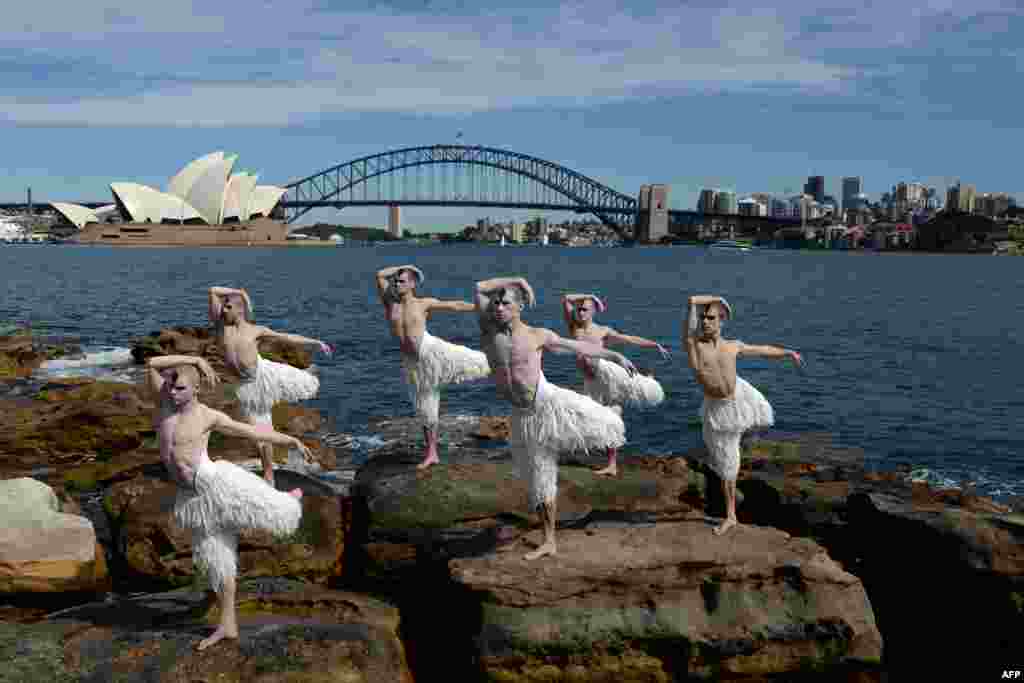 Dancers from Mathew Bourne’s “cygneture” ballet, “Swan Lake,” pose in front of Australia’s landmark Opera House and Harbor Bridge in Sydney.