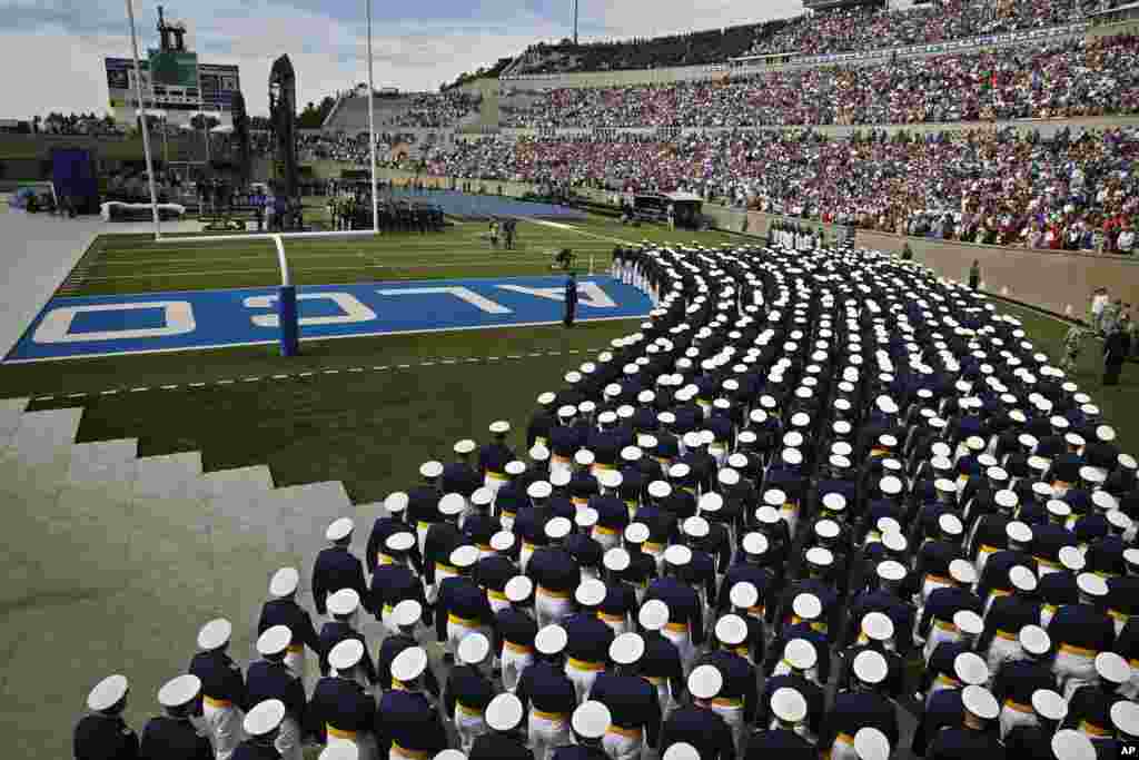 Graduating Air Force Academy cadets assemble in unison for their graduation ceremony for the class of 2015, at the U.S. Air Force Academy, in Colorado Springs, Colorado, USA.