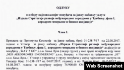 Odluka o izboru najpovoljnijeg ponuđača objavljena na web portalu Aerodromi Republike Srpske