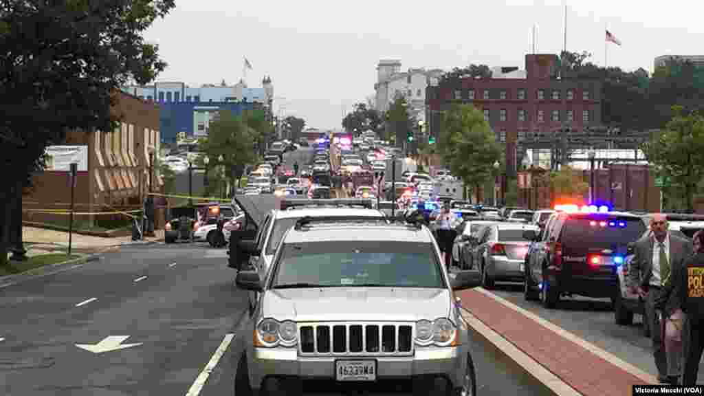 A polícia respondeu de imediato à suspeita da presença de um atirador na base naval de Washington DC, 2 Julho, 2015