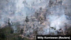 Asap menutupi hutan saat kebakaran di Kabupaten Kapuas dekat Palangka Raya di Kalimantan Tengah, 30 September 2019. (Foto: REUTERS/Willy Kurniawan)