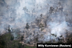 Asap menutupi hutan saat kebakaran di Kabupaten Kapuas dekat Palangka Raya di provinsi Kalimantan Tengah, 30 September 2019. (Foto: REUTERS/Willy Kurniawan)